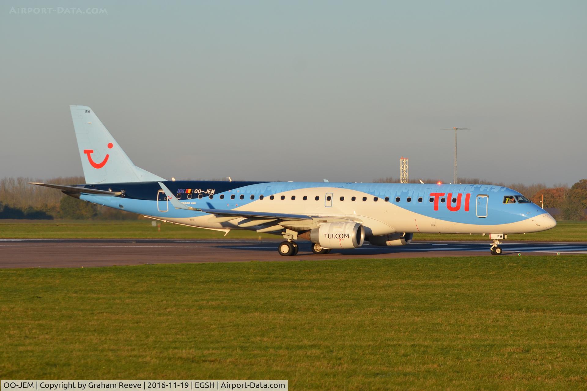 OO-JEM, 2013 Embraer 190STD (ERJ-190-100STD) C/N 19000603, Departing from Norwich in TUI scheme.