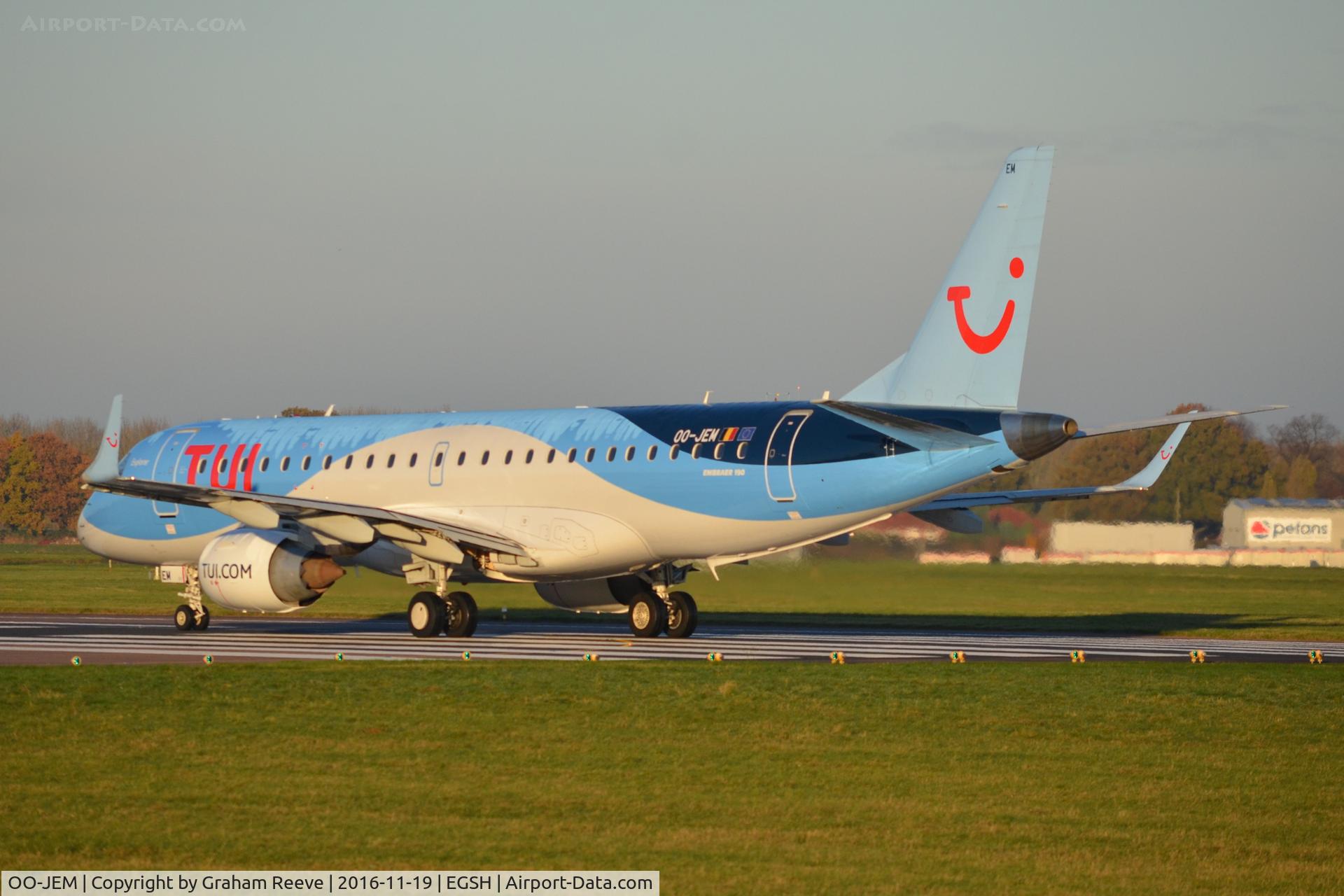 OO-JEM, 2013 Embraer 190STD (ERJ-190-100STD) C/N 19000603, Departing from Norwich, with TUI logos.