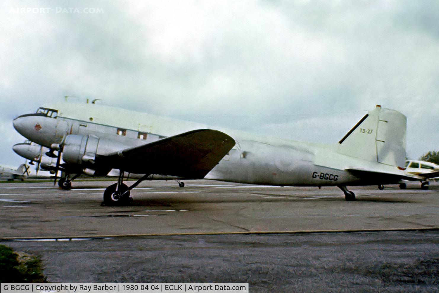 G-BGCG, 1944 Douglas C-47A Skytrain C/N 20002, Douglas DC-3C-47A-85-DL [20002] (Fairoaks Aviation Services) Blackbushe~G 04/04/1980. From a slide . Stills wears former Spanish Air Force registration and you can make out the formers markings through the paintwork.