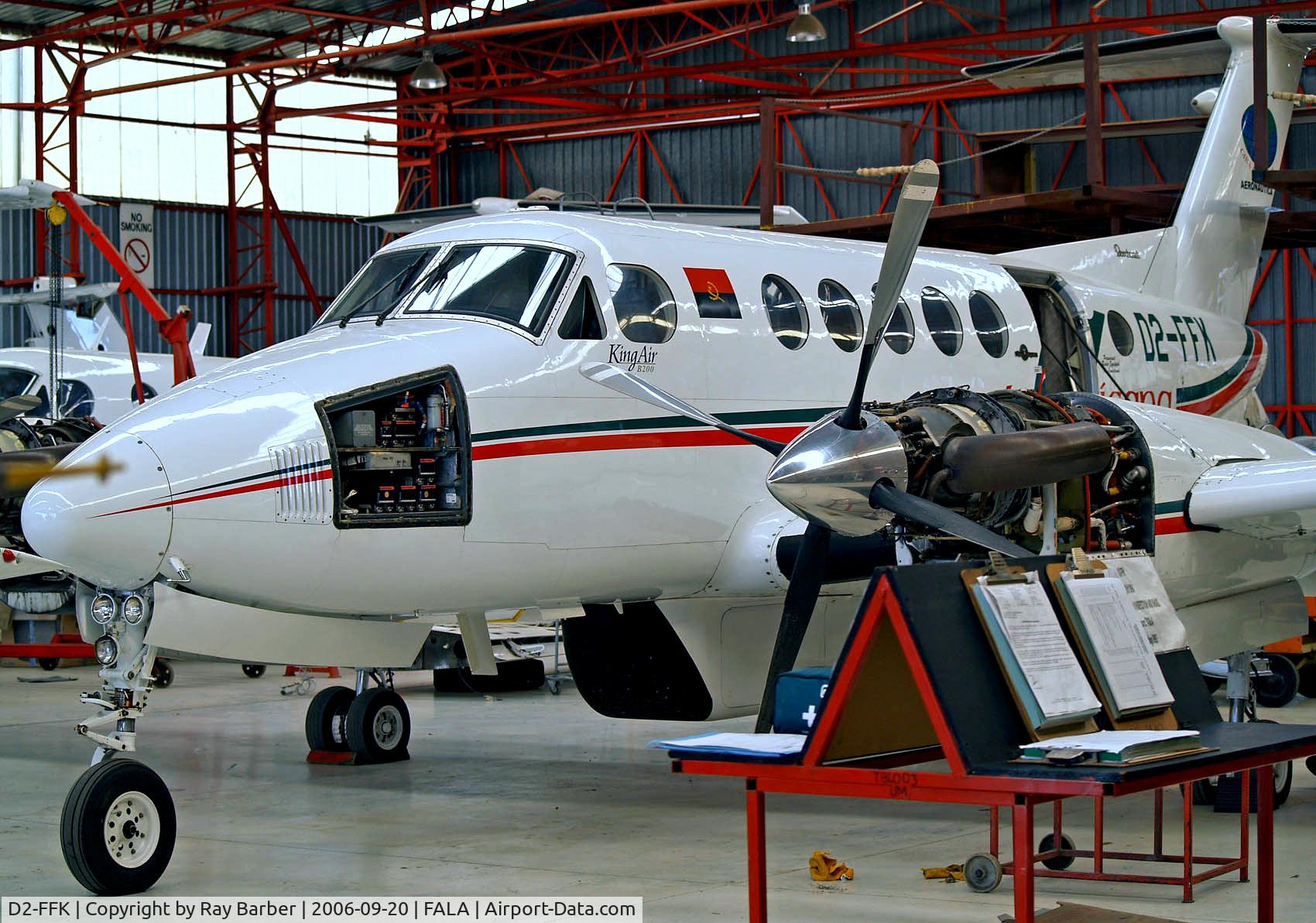D2-FFK, 1982 Beech B200 King Air C/N BB-1026, Beech B200 Super King Air [BB-1026] (Tropicana) Lanseria~ZS 20/09/2006. Undergoing a overhaul in this tightly packed hangar.