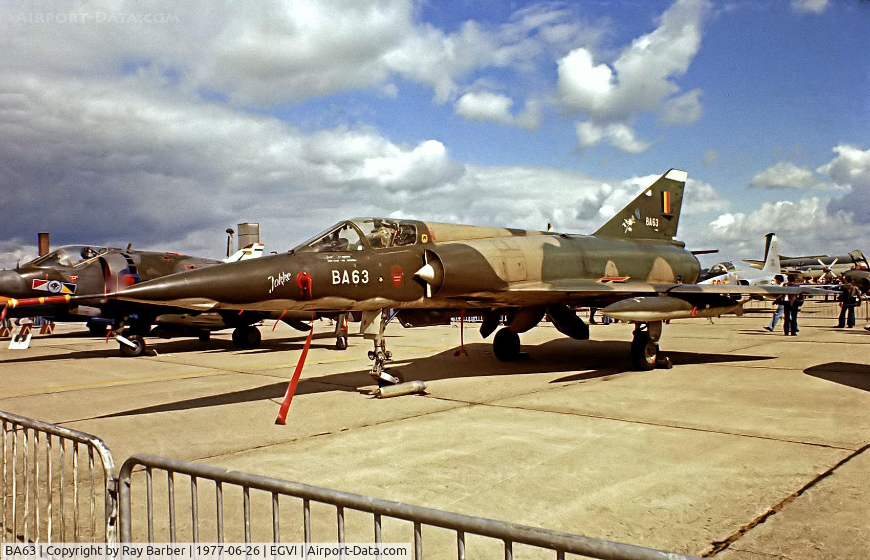 BA63, SABCA Mirage 5BA C/N 63, Dassault Mirage 5BA [63] (Belgian Air Force) RAF Greenham Common~G 26/06/1977. From a slide.