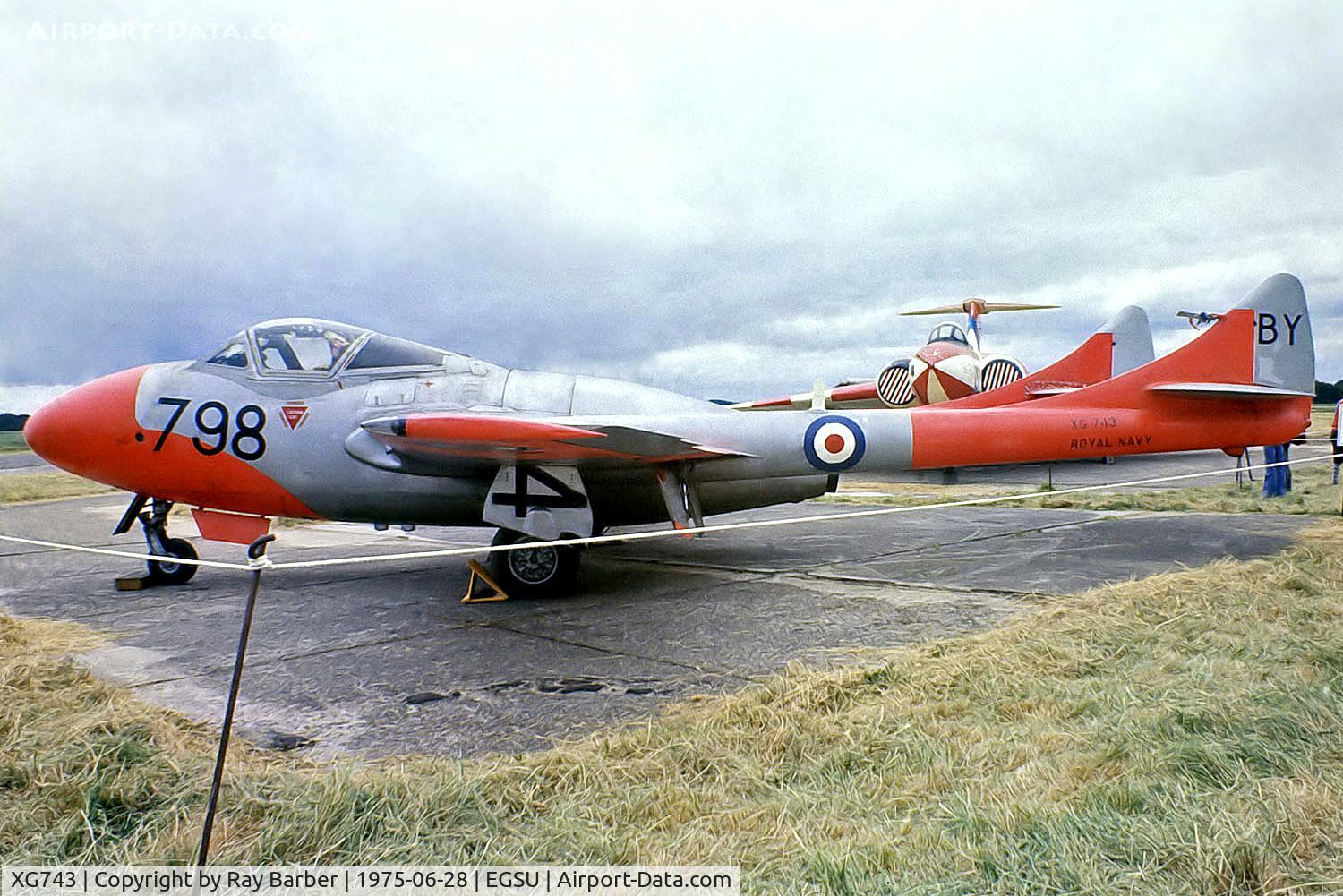 XG743, 1954 De Havilland DH-115 Sea Vampire T.22 C/N 15634, De Havilland DH.115 Sea Vampire T.22 [15634] Duxford~G 28/06/1975. From a slide.
