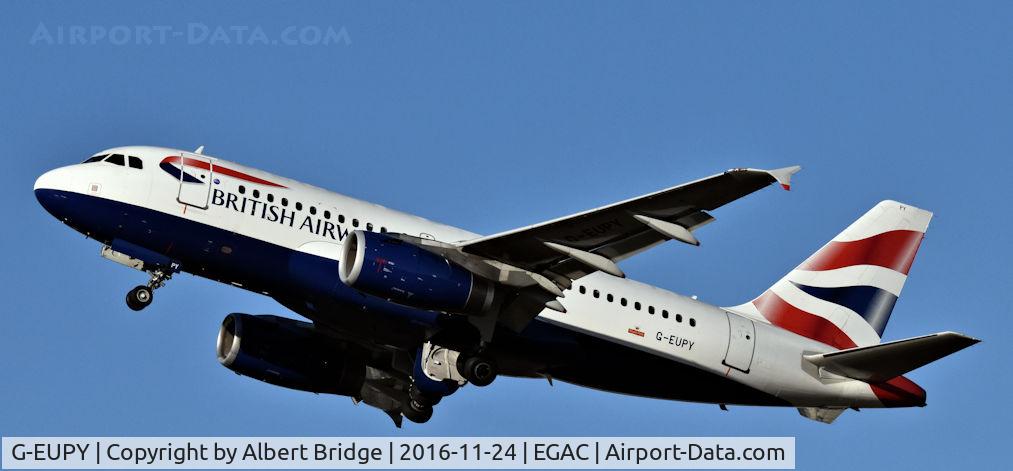 G-EUPY, 2001 Airbus A319-131 C/N 1466, Belfast City.  British Airways G-EUPY departing to Heathrow.