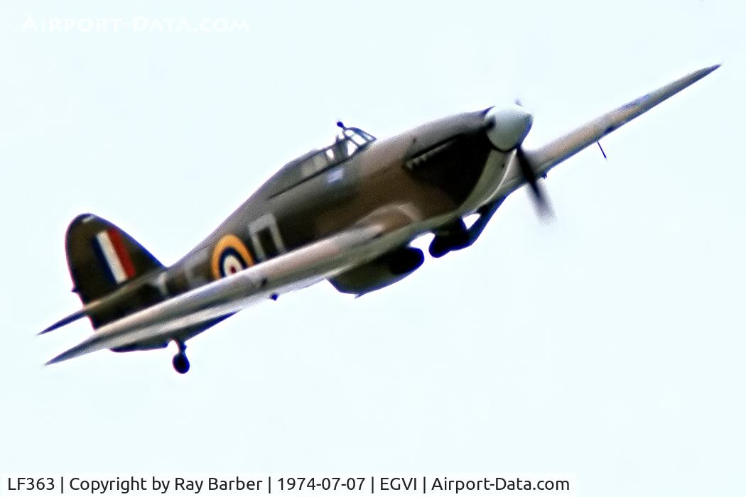 LF363, 1944 Hawker Hurricane IIC C/N 41H/469290, Hawker Hurricane IIc [41H/469290] (Royal Air Force) RAF Greenham Common~G 07/07/1974. From a slide not the best of images.