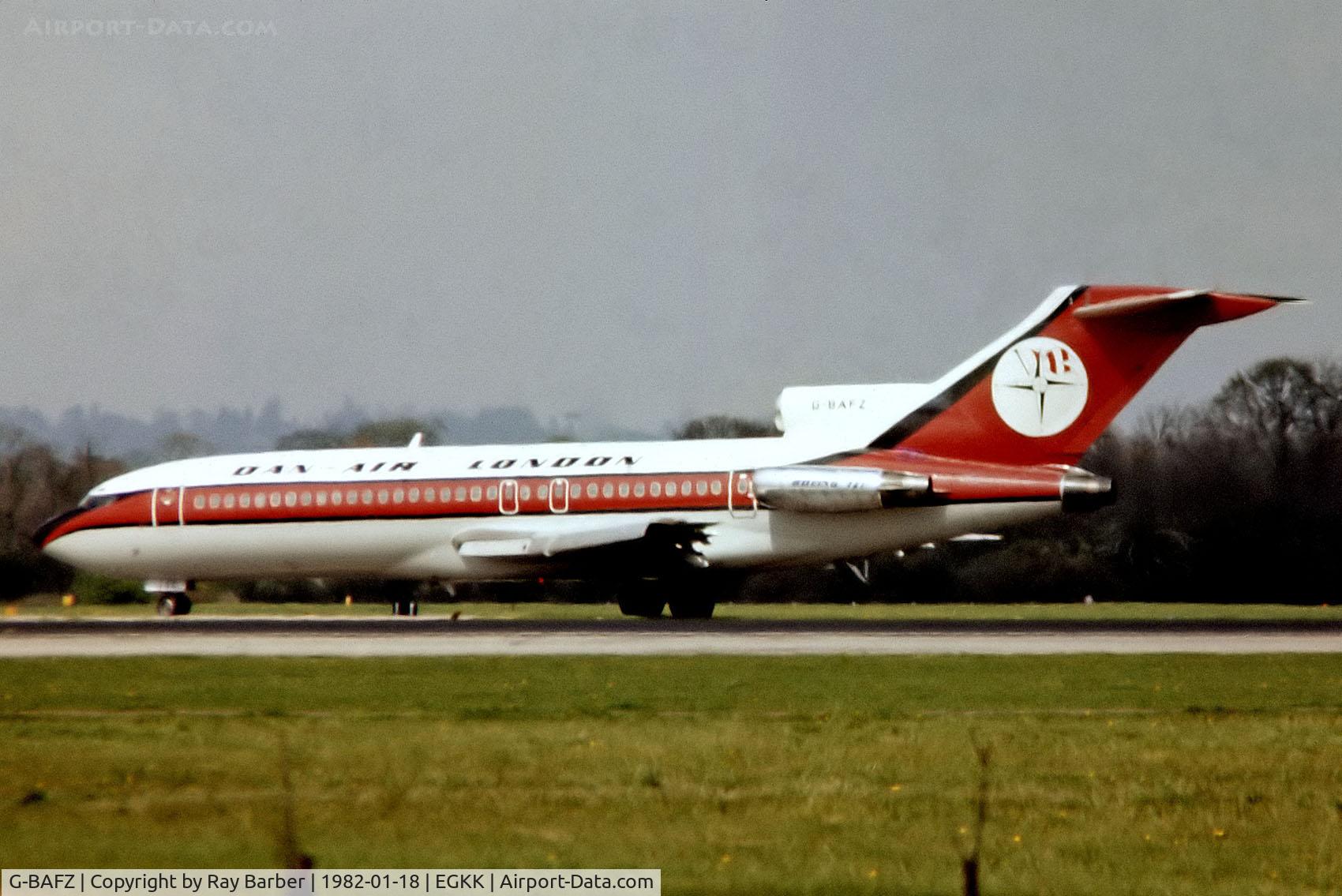 G-BAFZ, 1966 Boeing 727-46 C/N 18877, Boeing 727-46 [18877] (Dan Air London) Gatwick~G 18/01/1982. From a slide.