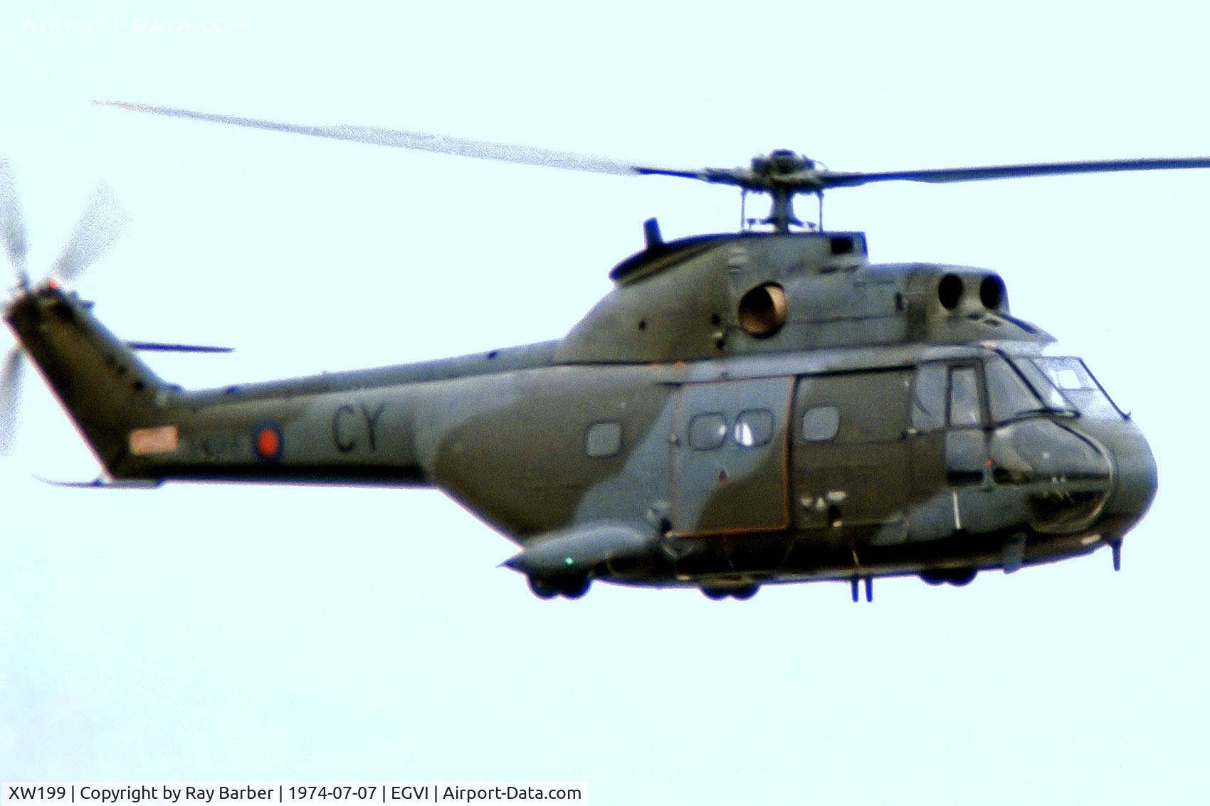 XW199, 1971 Westland Puma HC.1 C/N 1042/F9746, Aerospatiale SA.330HC.1 Puma [1042] (Royal Air Force) RAF Greenham Common~G 07/07/1974. From a slide.