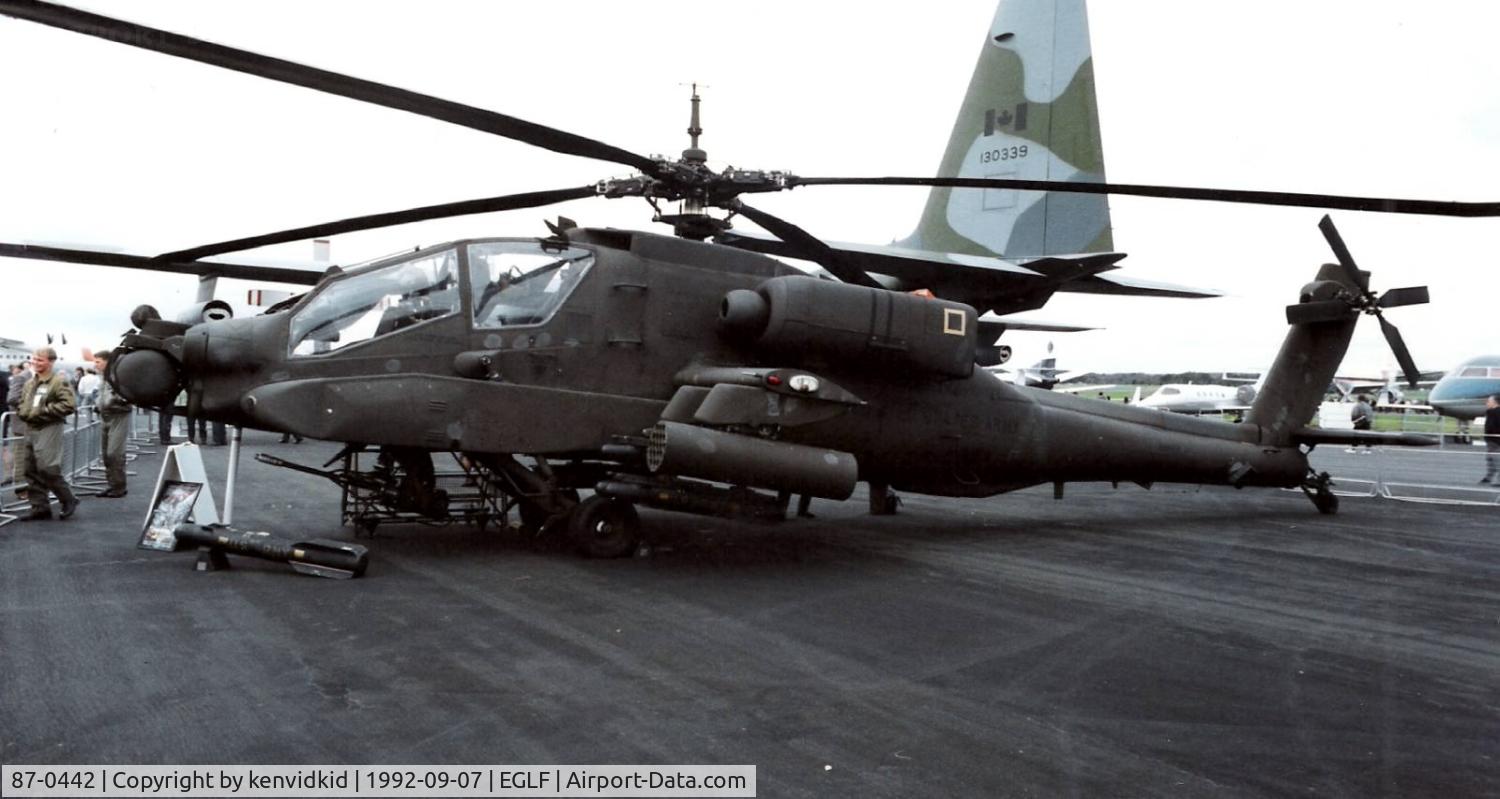 87-0442, 1981 McDonnell Douglas AH-64A Apache C/N PV461, On static display at the 1992 Farnborough International Air Show, scanned from slide.