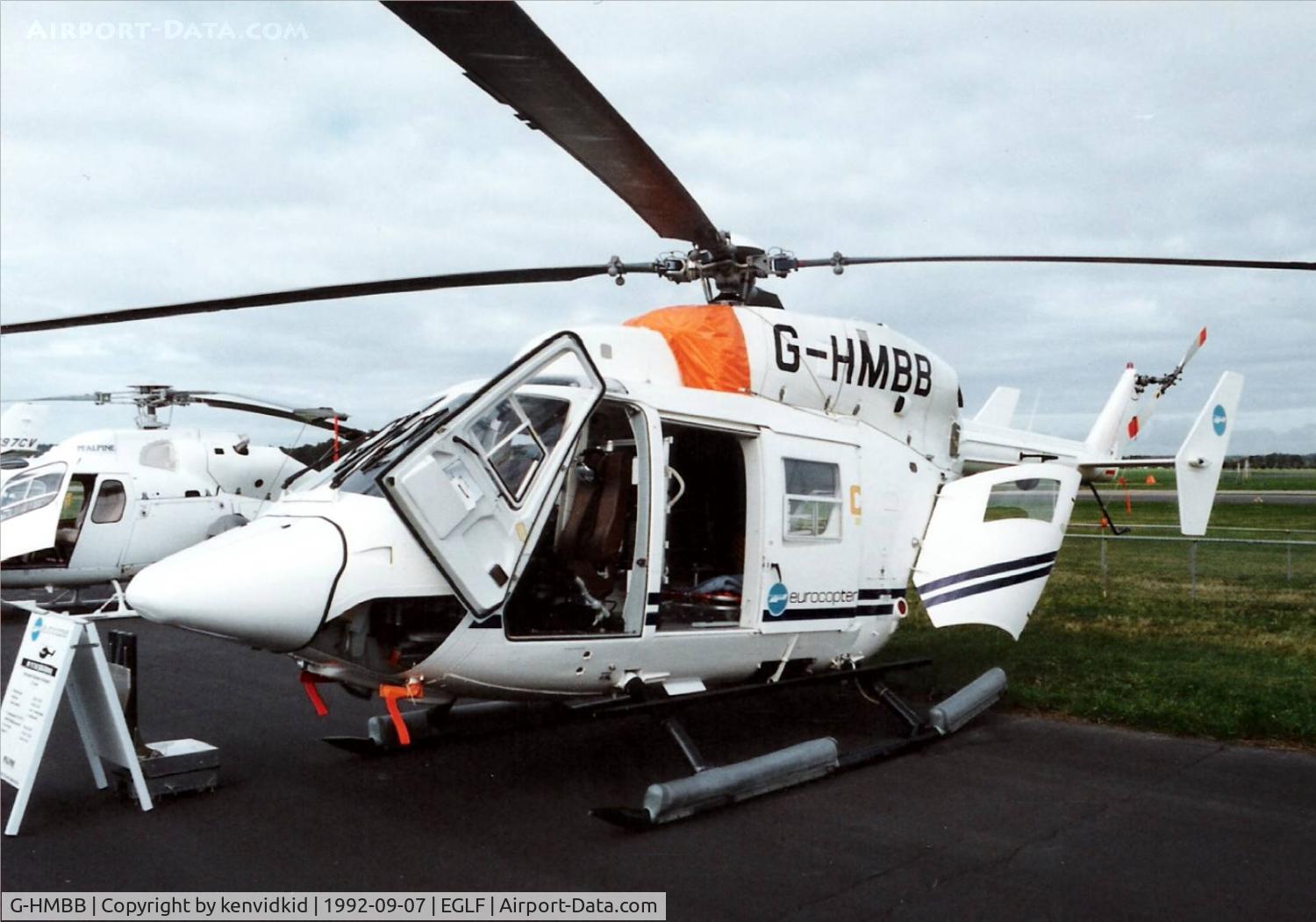 G-HMBB, 1988 Eurocopter-Kawasaki BK-117B-2C C/N 7184, On static display at the 1992 Farnborough International Air Show, scanned from slide.