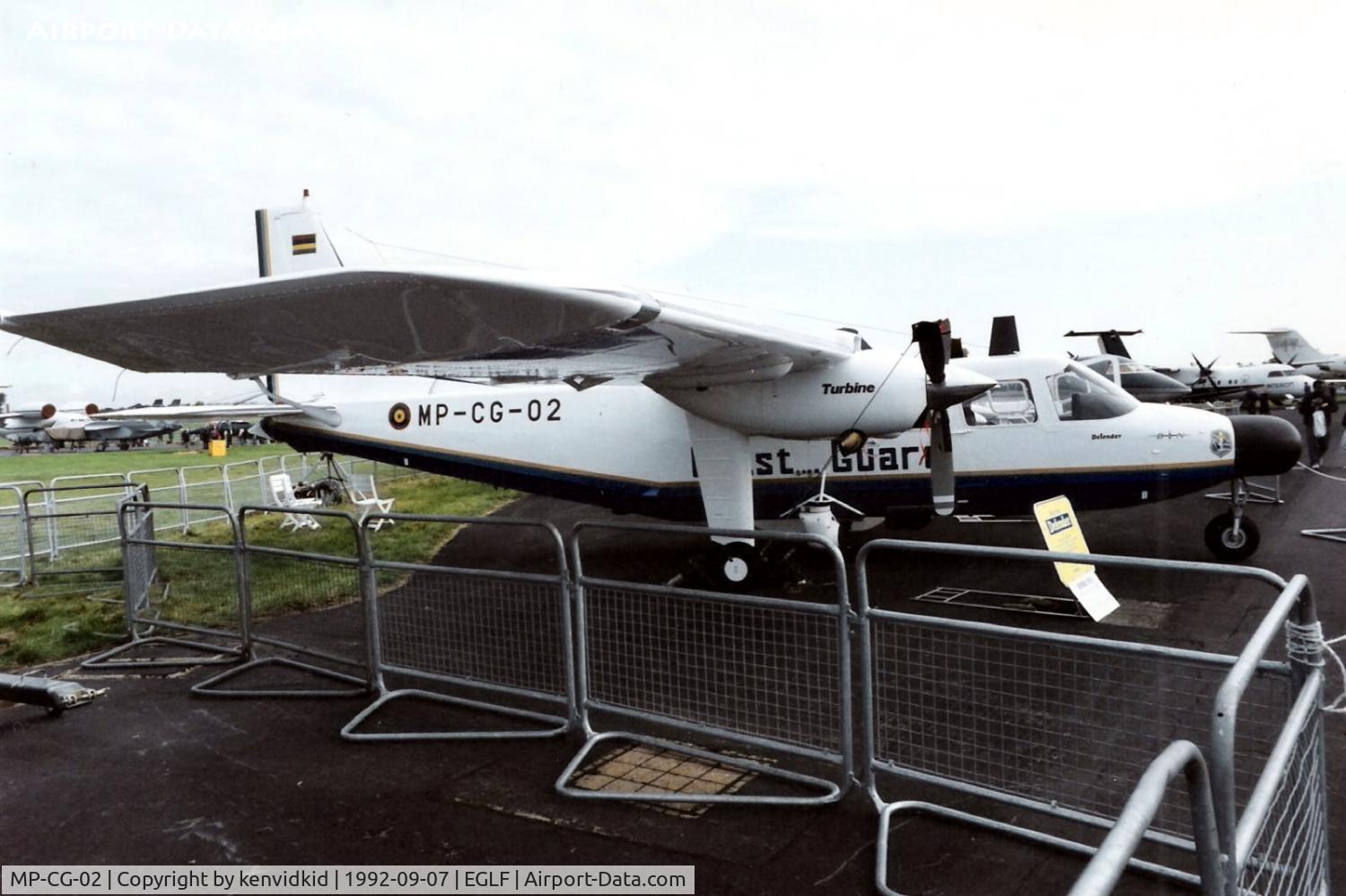 MP-CG-02, 1992 Pilatus Britten-Norman BN-2T Turbine Islander C/N 2238, On static display at the 1992 Farnborough International Air Show, scanned from slide.