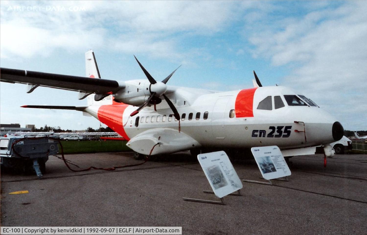 EC-100, 1991 CASA CN-235 C/N P1, On static display at the 1992 Farnborough International Air Show, scanned from slide.
