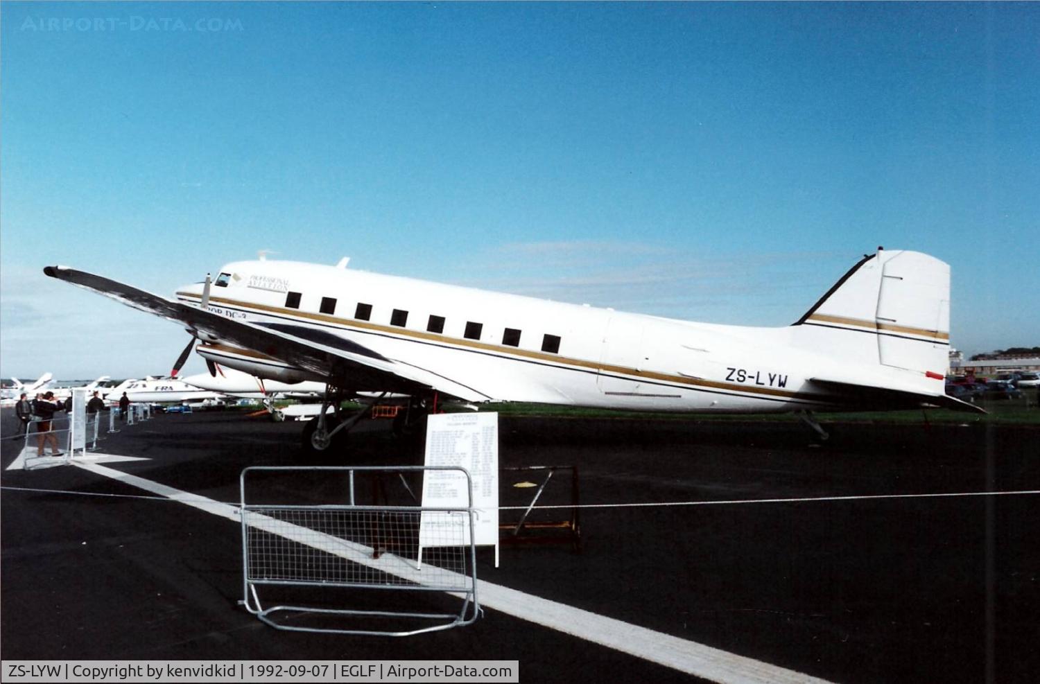 ZS-LYW, 1944 Douglas DC-3-65TP (C-47B-1-DK) C/N 14357/25802, On static display at the 1992 Farnborough International Air Show, scanned from slide.