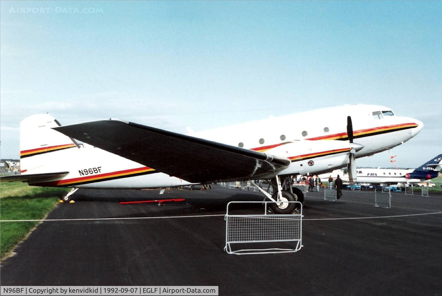 N96BF, 1944 Douglas DC3C C/N 13321, On static display at the 1992 Farnborough International Air Show, scanned from slide.
