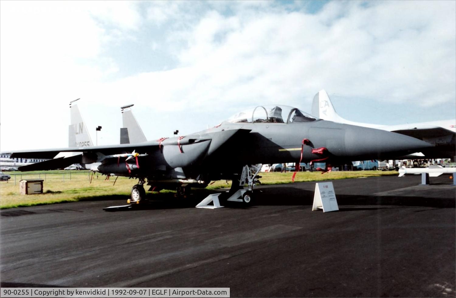 90-0255, 1990 McDonnell Douglas F-15E Strike Eagle C/N 1193/E157, On static display at the 1992 Farnborough International Air Show, scanned from slide.