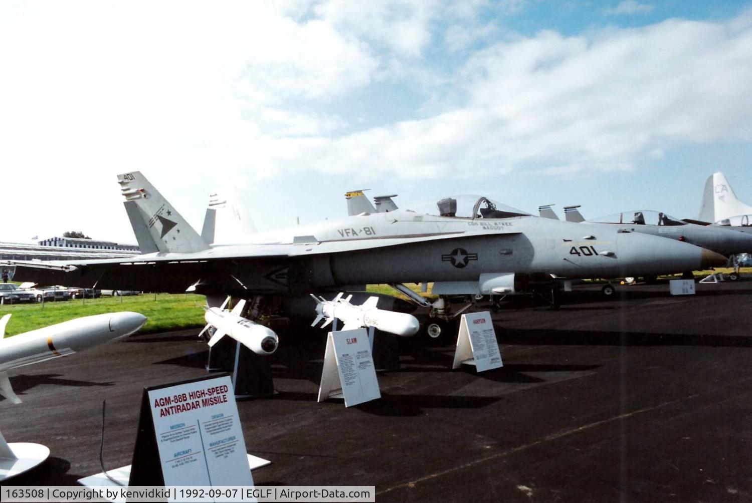 163508, 1988 McDonnell Douglas F/A-18C Hornet C/N 0754/C060, On static display at the 1992 Farnborough International Air Show, scanned from slide.