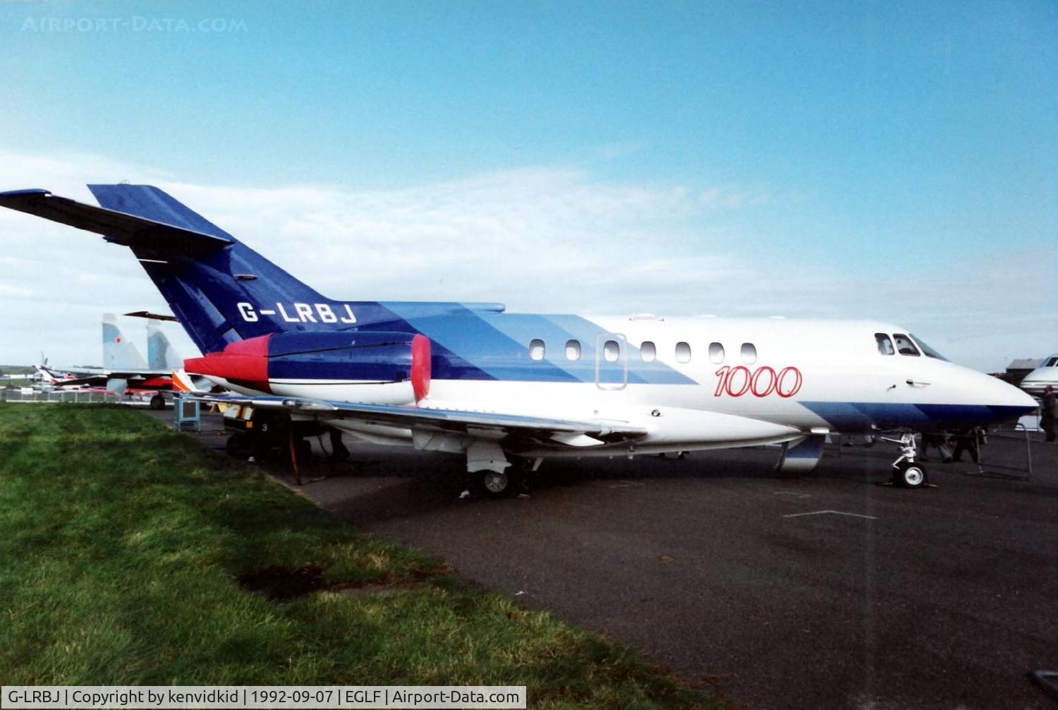 G-LRBJ, 1991 British Aerospace BAe.125-1000B C/N 259004, On static display at the 1992 Farnborough International Air Show, scanned from slide.
