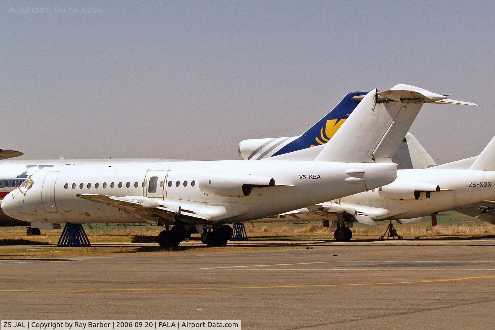 ZS-JAL, 1979 Fokker F-28-4000 Fellowship C/N 11151, ZS-JAL   Fokker F-28-3000 Fellowship [11151] (Airquarius Aviation) Lanseria~ZS 20/09/2006. Still wears former marks of V5-KEA some parts now missing.