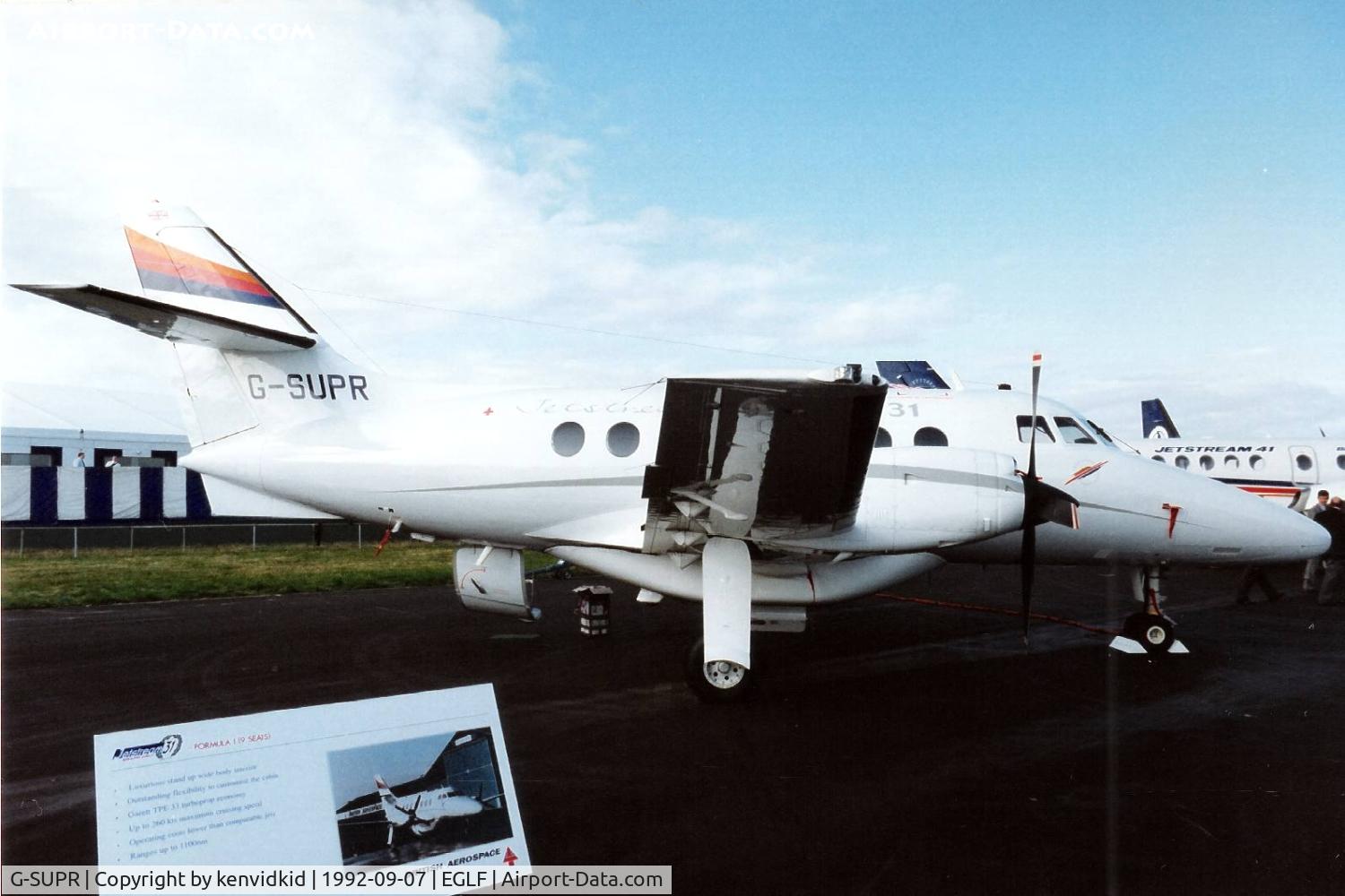 G-SUPR, 1991 British Aerospace BAe-3202 Jetstream 32 C/N 956, On static display at the 1992 Farnborough International Air Show, scanned from slide.