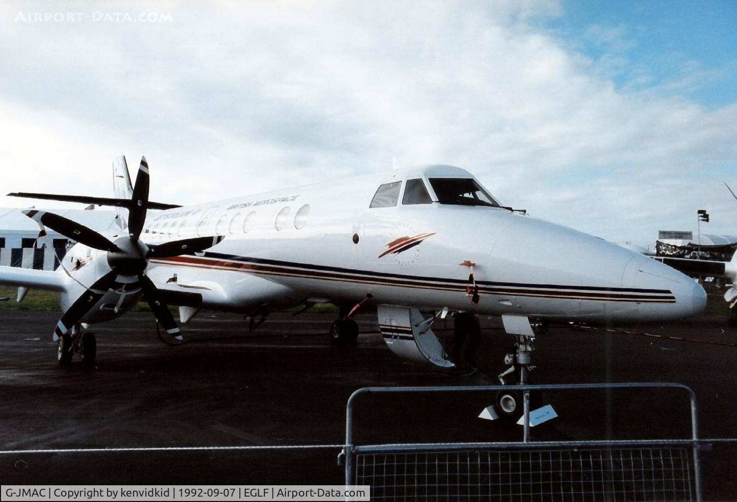 G-JMAC, 1992 British Aerospace Jetstream 41 C/N 41004, On static display at the 1992 Farnborough International Air Show, scanned from slide.