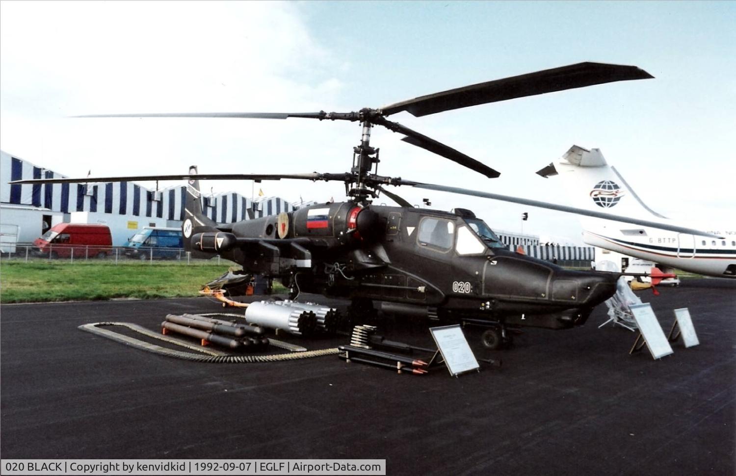 020 BLACK, Kamov Ka-50 Werewolf C/N 3535053201003, On static display at the 1992 Farnborough International Air Show, arrived to late to be considered for the flying display, scanned from slide.