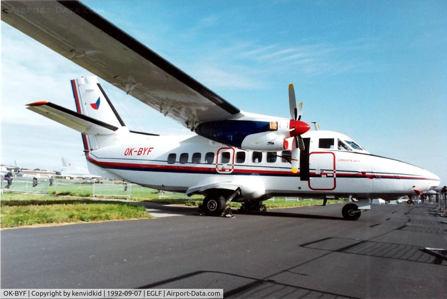 OK-BYF, 1991 Let L-410-UVP-E20 Turbolet C/N 922710, On static display at the 1992 Farnborough International Air Show, scanned from slide.