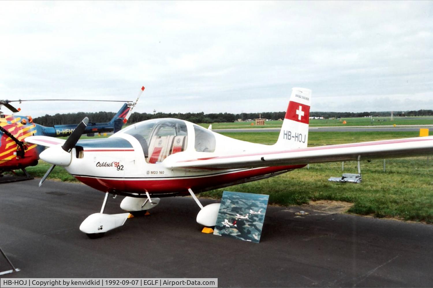 HB-HOJ, 1990 MDC Max Daetwyler MD3-160 Swiss Trainer C/N 002, On static display at the 1992 Farnborough International Air Show, scanned from slide.