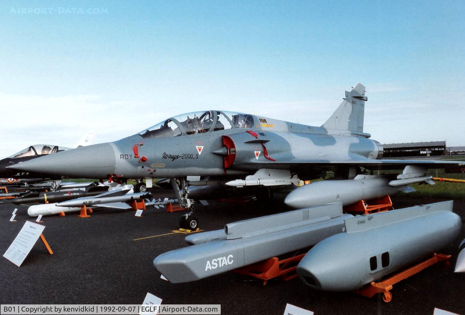 B01, Dassault Mirage 2000-5B C/N Not found BY2, On static display at the 1992 Farnborough International Air Show, scanned from slide.