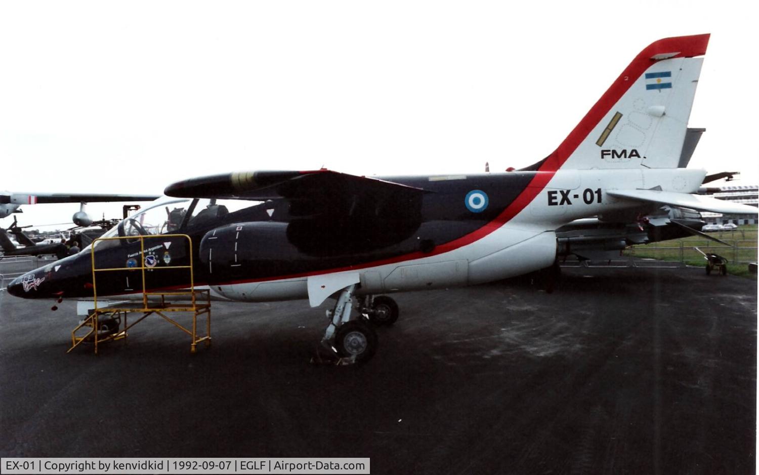 EX-01, FMA AT-63 Pampa C/N 2001, On static display at the 1992 Farnborough International Air Show, scanned from slide.