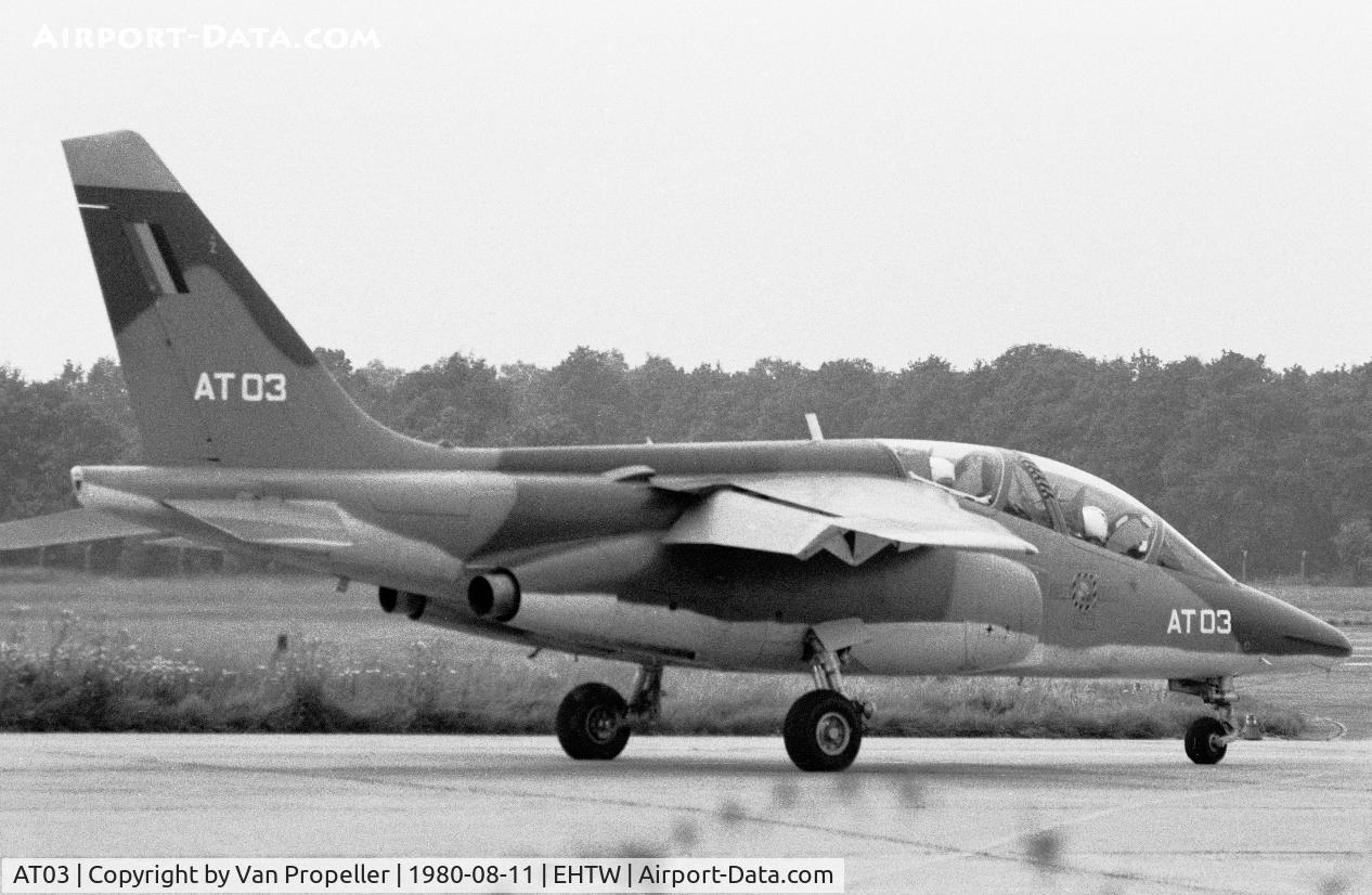 AT03, Dassault-Dornier Alpha Jet 1B C/N B03/1015, Alpha Jet trainer of the Belgian Air Force taxiing at Twenthe air base, the Netherlands, 1980