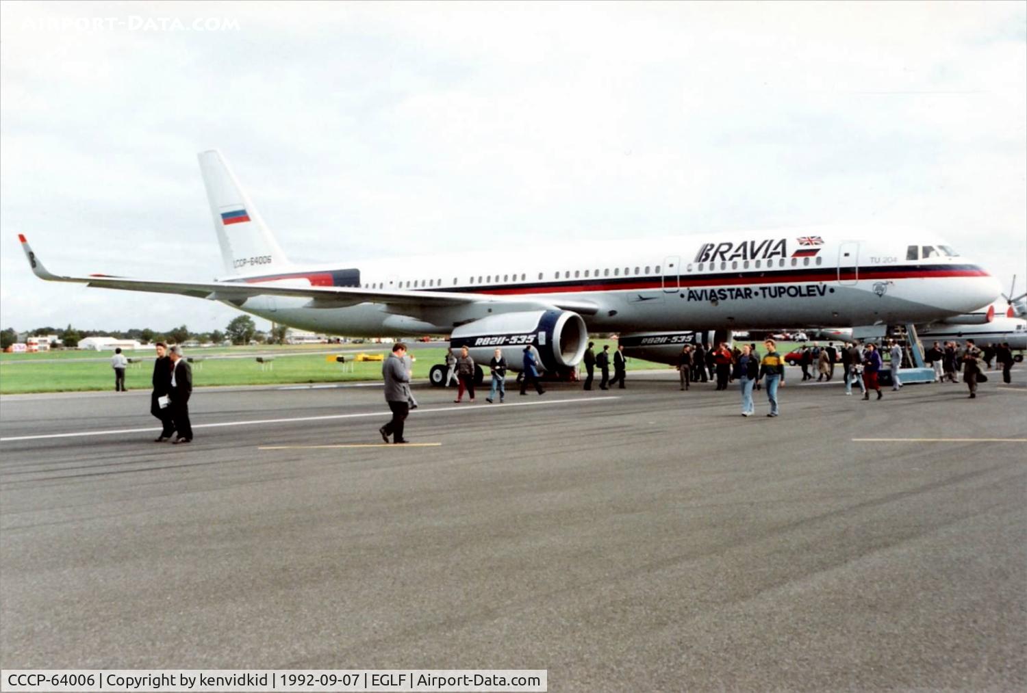 CCCP-64006, 1992 Tupolev TU-204-120 C/N 145074-3164006, On static display at the 1992 Farnborough International Air Show, scanned from slide.