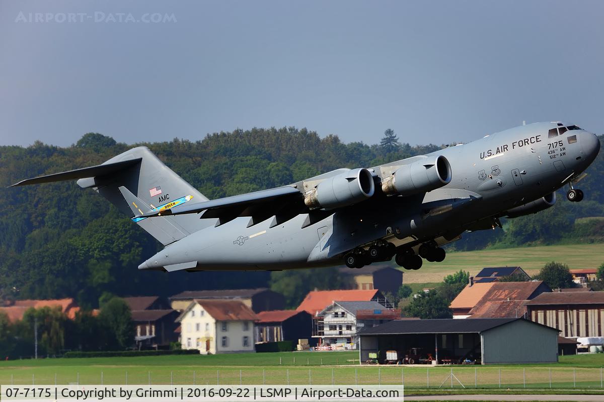 07-7175, 2007 Boeing C-17A Globemaster III C/N 50193/F192/P175, The big one takes off on runway 05 like our local Hornets. Delivered AIM-120C-7 AMRAAM missiles (Switzerland uses AIM-120B 'till now).