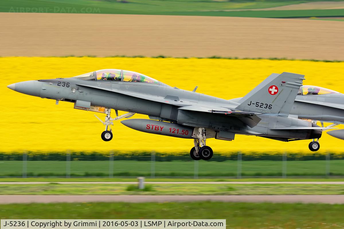 J-5236, 1997 McDonnell Douglas F/A-18D Hornet C/N 1332/SFD006, Double takeoff together with J-5007 in front of a very bright shining field of rapeseed (Brassica napus) flowers.