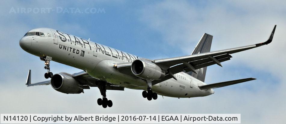 N14120, 1997 Boeing 757-224 C/N 27562, United N14120, in Star Alliance livery, on final approach to Belfast International, from Newark.