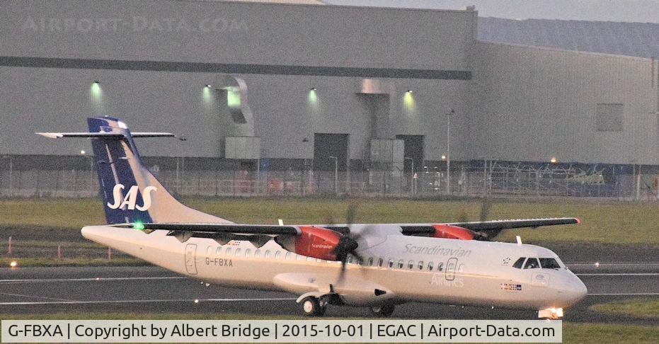 G-FBXA, 2015 ATR 72-212A (600) C/N 1260, Twenty minutes after sunset, flybe ATR 72 G-FBXA in SAS livery, arriving at Belfast City on a training flight.