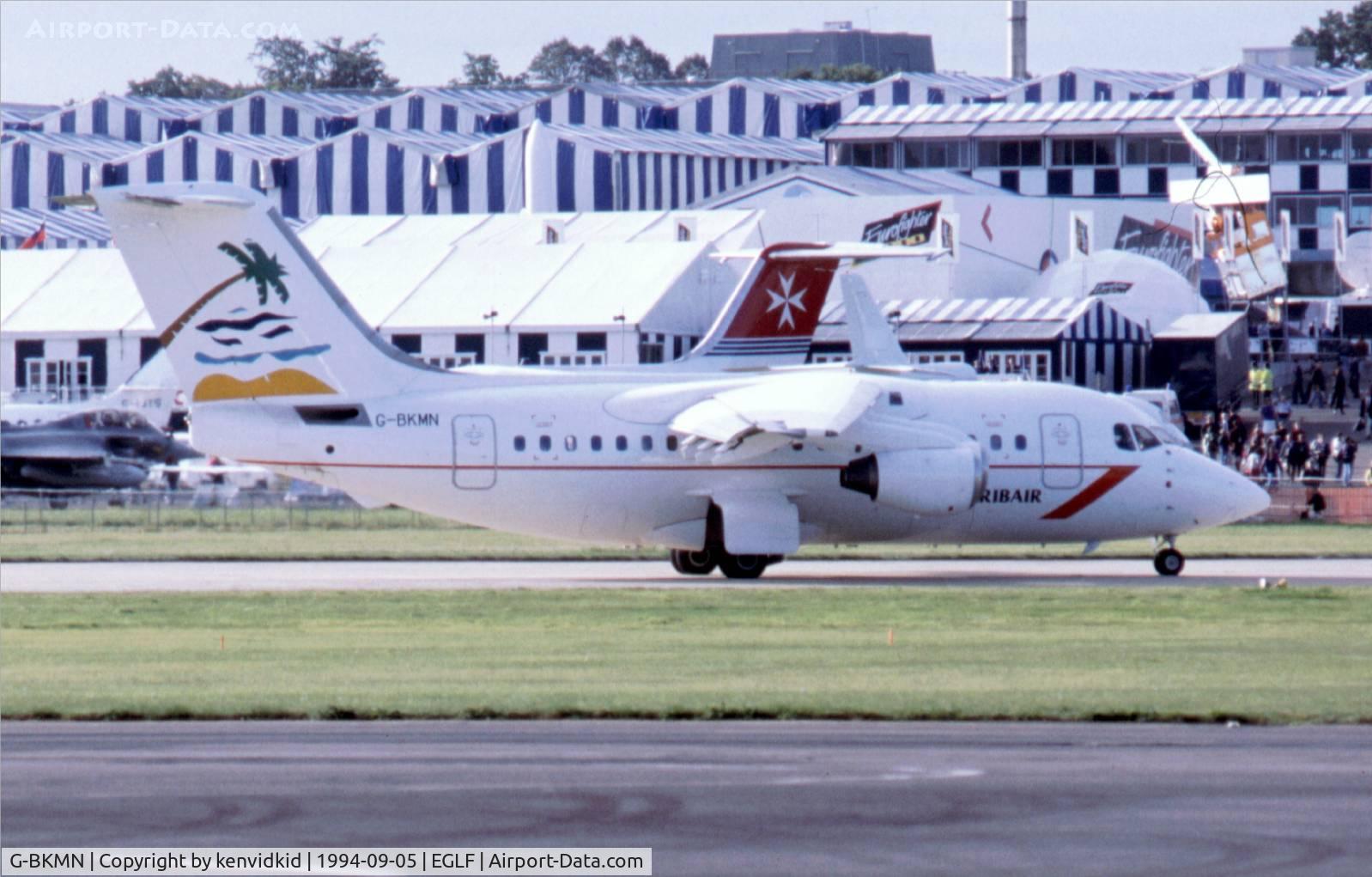 G-BKMN, 1983 British Aerospace BAe.146-100 C/N E1006, At the 1994 Farnborough International Air Show. Scanned from slide.