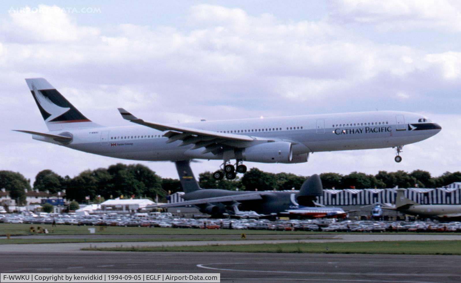 F-WWKU, 1994 Airbus A330-342 C/N 071, At the 1994 Farnborough International Air Show. Scanned from slide.
