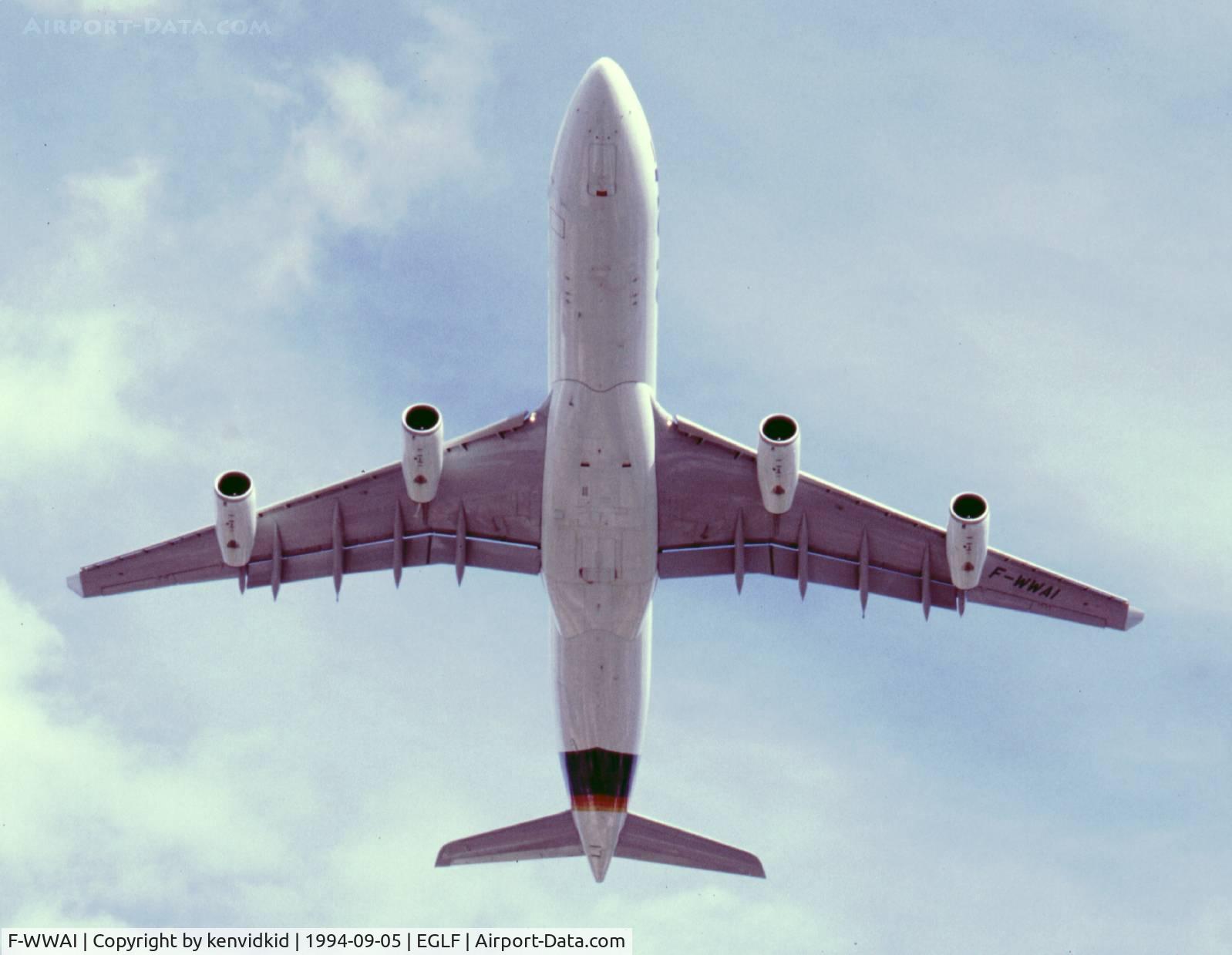 F-WWAI, 1991 Airbus A340-311 C/N 001, At the 1994 Farnborough International Air Show. Scanned from slide.