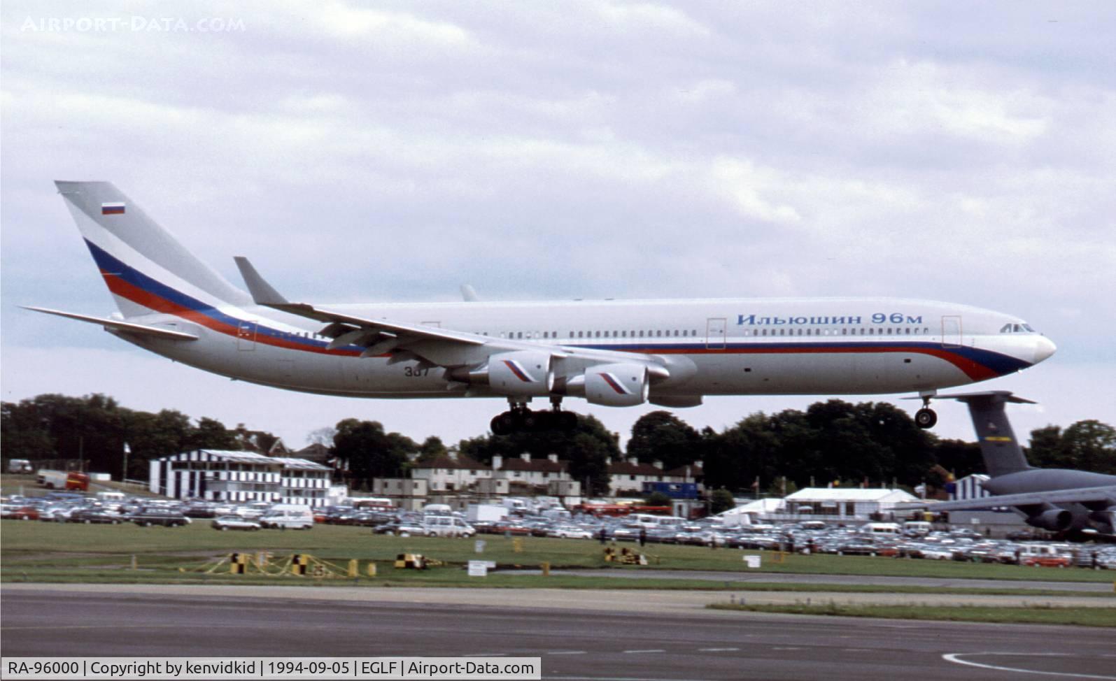 RA-96000, 1988 Ilyushin Il-96M C/N 101, At the 1994 Farnborough International Air Show. Scanned from slide.