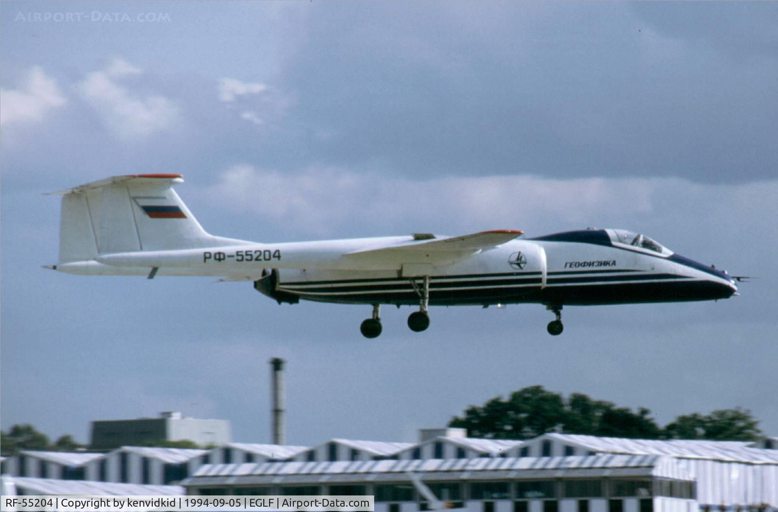 RF-55204, Myasishchev M-55 Geophysica C/N 80909, At the 1994 Farnborough International Air Show. Scanned from slide.