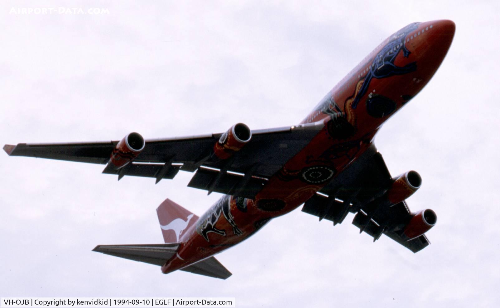VH-OJB, 1989 Boeing 747-438 C/N 24373, At the 1994 Farnborough International Air Show. Scanned from slide.