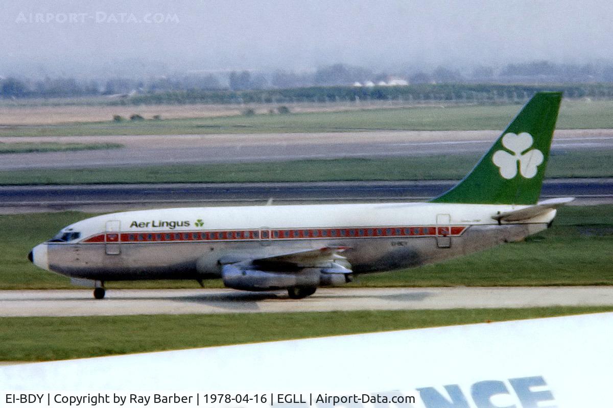 EI-BDY, 1975 Boeing 737-2E1 C/N 21112, Boeing 737-2E1 [21112] (Aer Lingus) Heathrow~G 16/04/1978. From a slide.