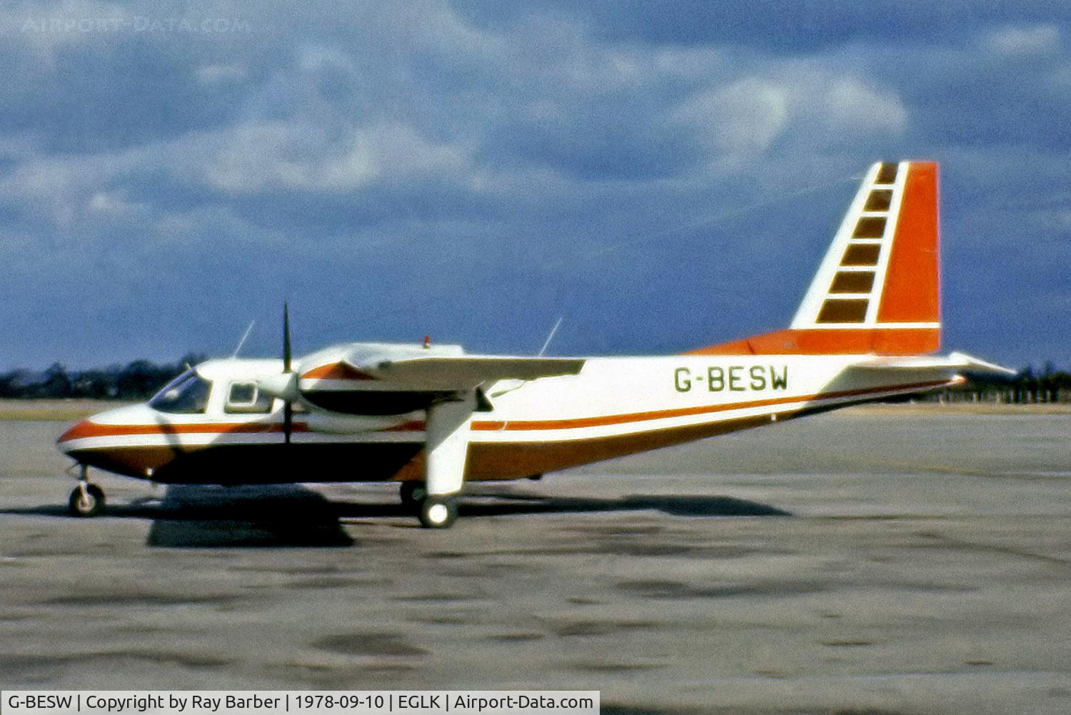 G-BESW, 1977 Britten-Norman BN-2A-26 Islander C/N 10, Britten-Norman BN-2A-26 Islander [2010] (Fairoaks Aviation Services) Blackbushe~G 10/09/1978. From a slide.