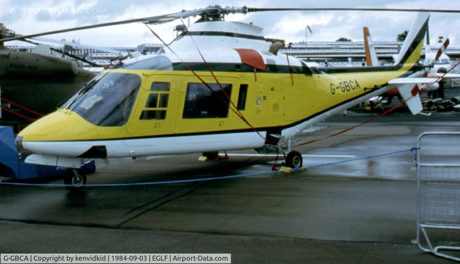 G-GBCA, 1984 Agusta A-109A-2 C/N 7272, At the 1984 Farnborough International Air Show. Scanned from slide.
