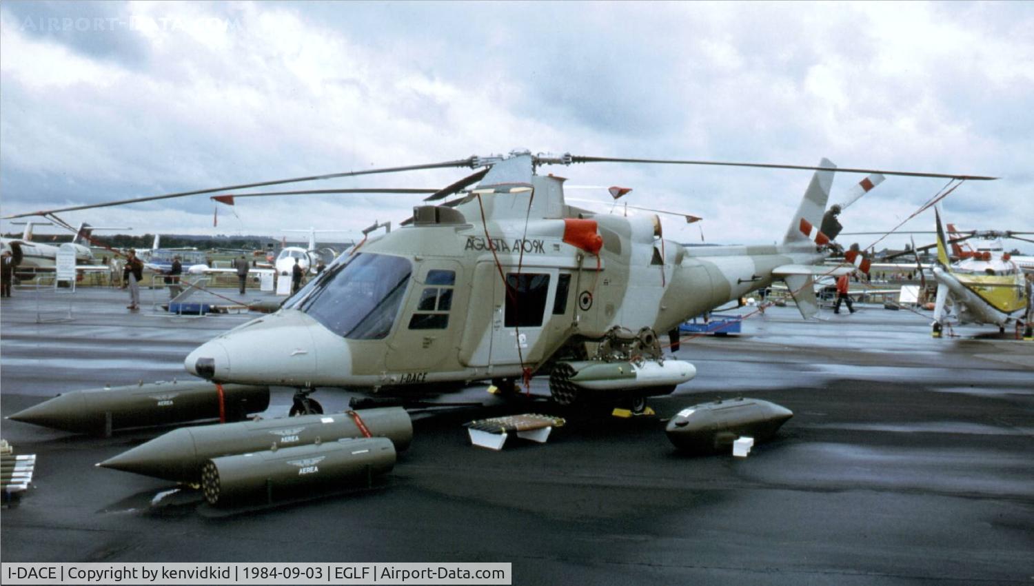 I-DACE, 1984 Agusta A-109K-2 C/N 7340, At the 1984 Farnborough International Air Show. Scanned from slide.