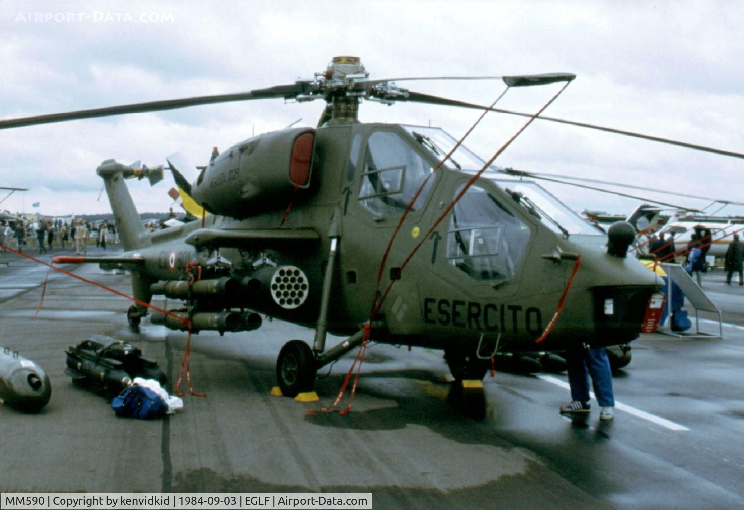 MM590, 1983 Agusta A-129A Mangusta C/N 29001, At the 1984 Farnborough International Air Show. Scanned from slide.