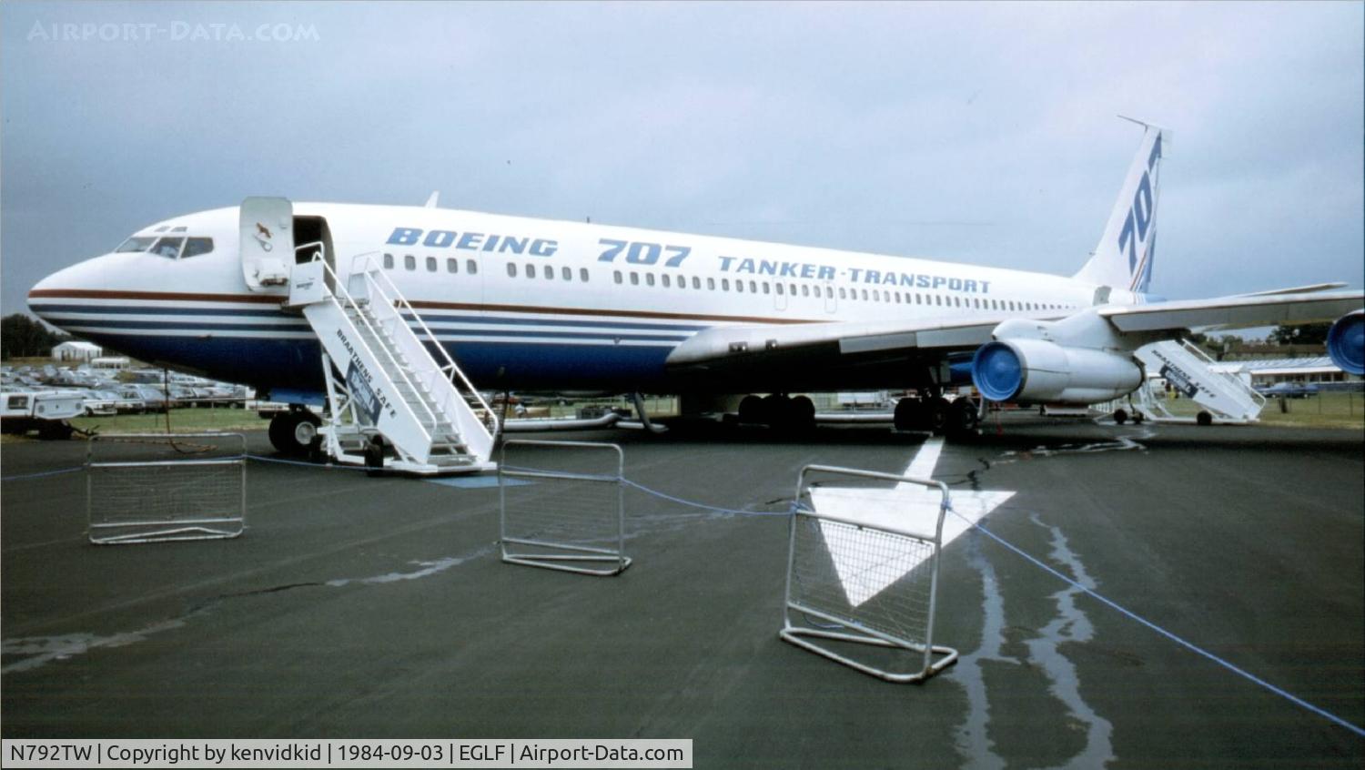 N792TW, 1964 Boeing 707-331C C/N 18757, At the 1984 Farnborough International Air Show. Scanned from slide.