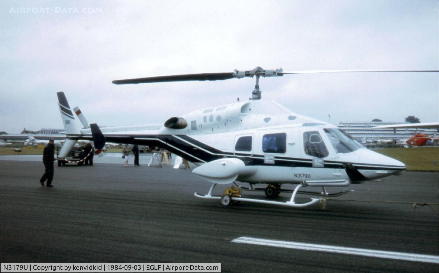 N3179U, 1983 Bell 222UT C/N 47501, At the 1984 Farnborough International Air Show. Scanned from slide.