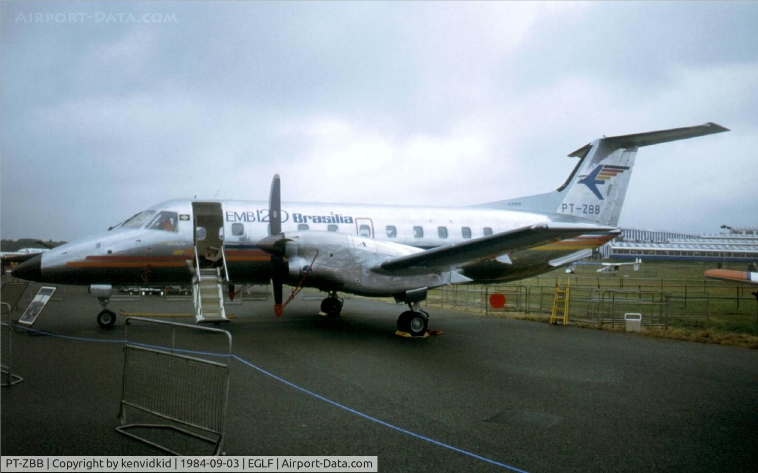PT-ZBB, Embraer EMB-120RT Brasilia C/N 120003, At the 1984 Farnborough International Air Show. Scanned from slide.