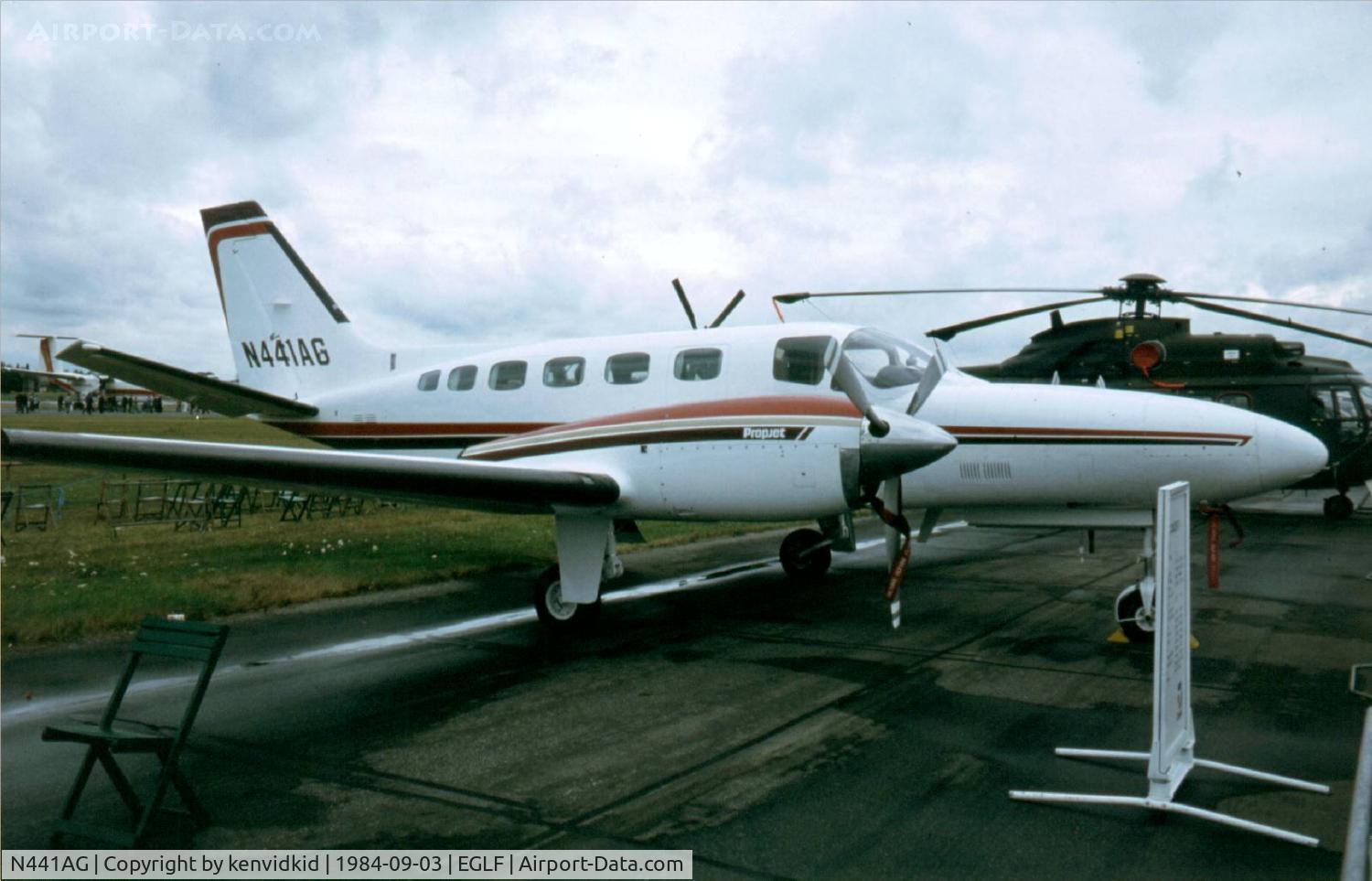 N441AG, Cessna 441 Conquest II C/N 441-0327, At the 1984 Farnborough International Air Show. Scanned from slide.