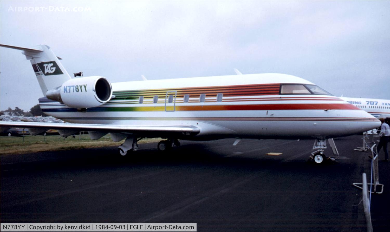 N778YY, 1984 Canadair Challenger 601 (CL-600-2A12) C/N 3023, At the 1984 Farnborough International Air Show. Scanned from slide.