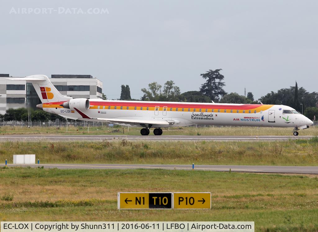 EC-LOX, 2011 Bombardier CRJ-1000ER NG (CL-600-2E25) C/N 19020, Ready for take off from rwy 32R with additional 'Extremadura' titles